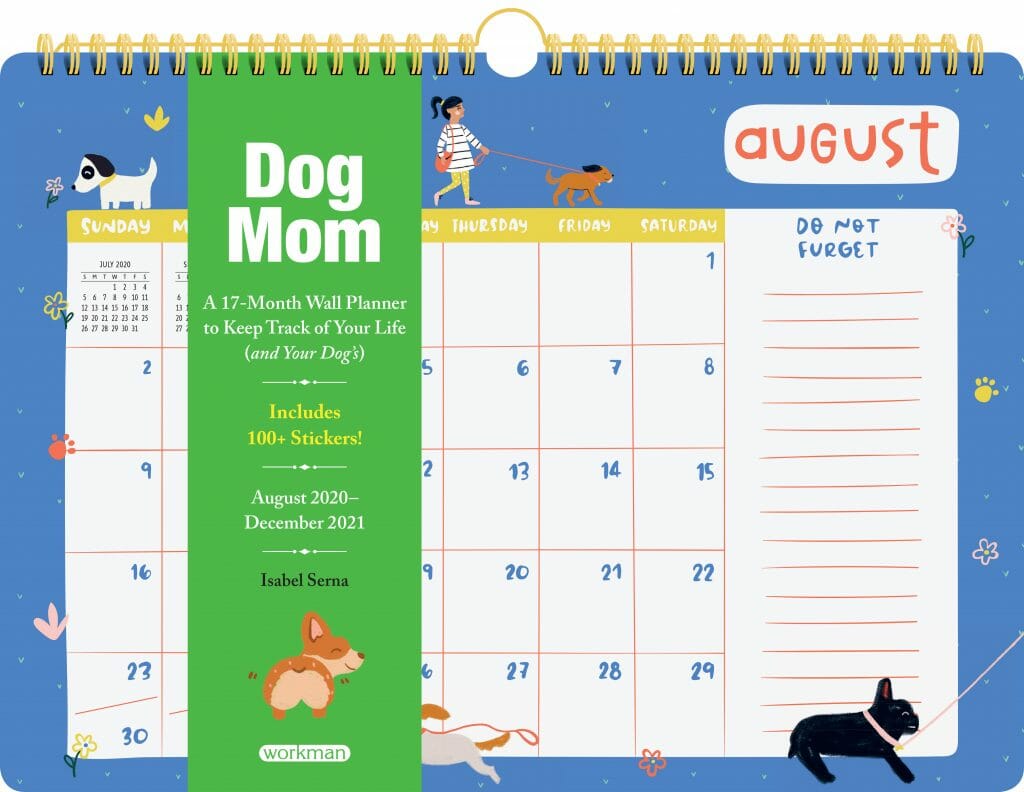 The cover of the Dog Mom Wall Planner shows a calendar page with dog-related illustrations like a leash and toys. 